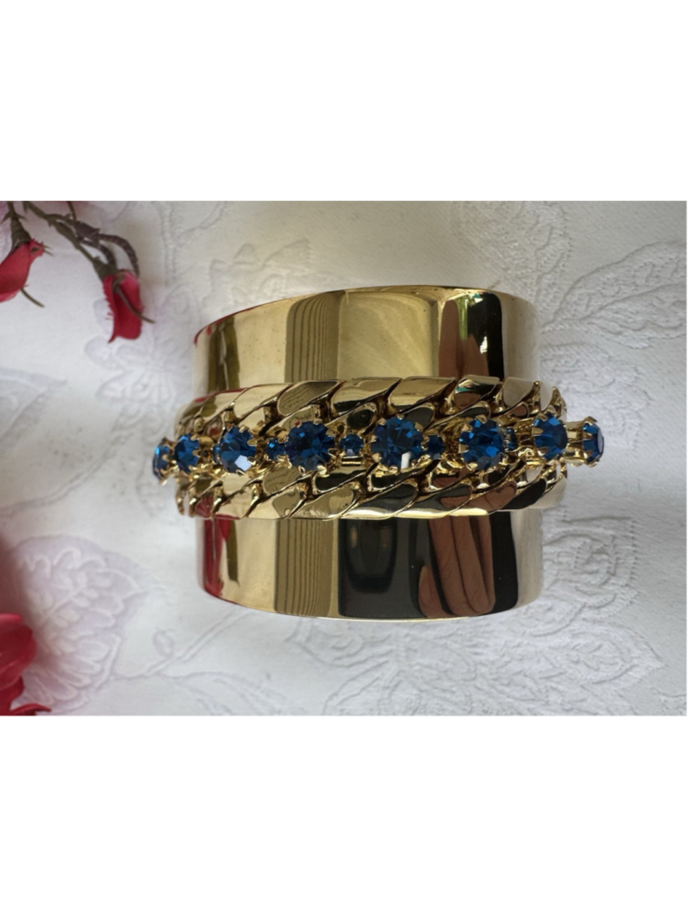 Heidi Daus Bracelet Shiny GoldTone Blue Stones Chunky 2" Wide Cuff Bangle NEW